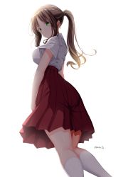 Rule 34 | 1girl, breasts, brown hair, from behind, from below, green eyes, highres, large breasts, long hair, looking at viewer, looking back, looking down, mokufuu, original, parted bangs, pleated skirt, ponytail, red skirt, shirt, simple background, skirt, socks, solo, twitter username, white background, white shirt, white socks