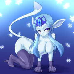 Rule 34 | 00s, 1girl, :&lt;, all fours, animal ears, arched back, ass, bent over, black gloves, black thighhighs, blue background, blue eyes, blue gemstone, blue hair, blue skin, blush, breasts, cleavage, collarbone, colored skin, creatures (company), elbow gloves, female focus, full body, game freak, gem, gen 4 pokemon, glaceon, gloves, hanging breasts, headpiece, highres, hip focus, kneeling, knees, legs, long hair, looking at viewer, matching hair/eyes, navel, nintendo, nipples, nude, personification, pointy ears, pokemon, pokemon dppt, purple eyes, shichiri, sidelocks, simple background, snow, snowflakes, solo, tail, thighhighs, tiara, tsurime