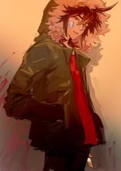 Rule 34 | 1boy, bandage on face, bandages, black jacket, black pants, blood, blood on wall, boxcutter, brown hair, commentary, cowboy shot, fur-trimmed hood, fur trim, hair between eyes, hand in pocket, highres, holding, holding boxcutter, hood, hood up, hooded jacket, isoi reiji, jacket, male focus, open clothes, open jacket, pants, red shirt, rrryo, saibou shinkyoku, shirt, short hair, solo, symbol-only commentary