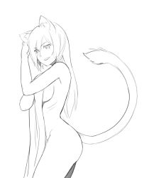 Rule 34 | 1girl, :d, animal ears, blanket, breasts, covering privates, covering breasts, from side, greyscale, hand on own chest, highres, less, lion ears, lion tail, monochrome, open mouth, ribs, sideboob, smile, solo, tail