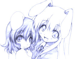 Rule 34 | 2girls, :3, animal ears, bad id, bad pixiv id, blue theme, female focus, inaba tewi, long hair, monochrome, multiple girls, okotan (dewdrops), rabbit ears, reisen udongein inaba, short hair, simple background, sketch, smile, touhou, white background