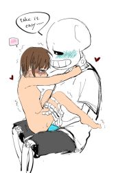 Rule 34 | 1boy, 1girl, age difference, barefoot, blush, brown hair, closed eyes, drawing, english text, feet, female frisk (undertale), frisk (undertale), greendog1937, heart, nipples, sans (undertale), sex, shirt, short hair, tears, toes, undertale, white background, white shirt