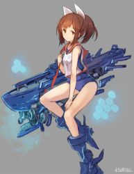 Rule 34 | 10s, 1girl, aoki hagane no arpeggio, bare shoulders, blush, brown eyes, brown hair, highres, i-401 (aoki hagane no arpeggio), i-401 (kancolle), kantai collection, looking at viewer, name connection, object namesake, one-piece swimsuit, personification, ponytail, school swimsuit, school uniform, short hair, short ponytail, smile, solo, sumisu (mondo), swimsuit, swimsuit under clothes, tan