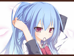 Rule 34 | 1girl, adjusting hair, alternate hairstyle, bad id, bad pixiv id, blue hair, blush, female focus, gradient hair, hair tie, hairdressing, hinanawi tenshi, ichiyan, layered sleeves, letterboxed, long sleeves, mouth hold, multicolored hair, no headwear, ponytail, portrait, red eyes, short over long sleeves, short sleeves, solo, touhou