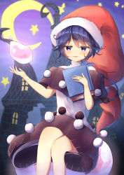 Rule 34 | 1girl, :3, abstract background, absurdres, arms up, blue eyes, blue hair, blush, book, commentary request, crescent moon, doremy sweet, dream soul, dress, feet out of frame, hair between eyes, half-closed eyes, hat, high collar, highres, holding, holding book, house, layered dress, looking at viewer, moon, nightcap, open hand, parted lips, pom pom (clothes), red hat, sachisudesu, short hair, sitting, solo, star (symbol), stitches, tail, tapir tail, touhou