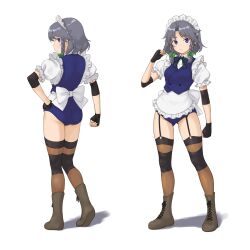 Rule 34 | 1girl, adapted costume, apron, ass, back, blue eyes, blue leotard, blush, boots, braid, brown thighhighs, full body, grey hair, highres, izayoi sakuya, kitano (kitanosnowwhite), leotard, maid, maid apron, maid headdress, puffy short sleeves, puffy sleeves, ribbon, short hair, short sleeves, simple background, smile, solo, thighhighs, touhou, touhou tag dream, twin braids, waist apron, white background, wrestling outfit