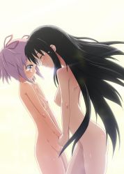 Rule 34 | 10s, 2girls, akemi homura, ardnades, black hair, blush, breasts, closed eyes, face-to-face, flat chest, forehead-to-forehead, hair ribbon, hairband, heads together, highres, holding hands, kaname madoka, mahou shoujo madoka magica, mahou shoujo madoka magica (anime), multiple girls, nipples, nude, pink eyes, pink hair, ribbon, short hair, short twintails, small breasts, tears, twintails, yuri