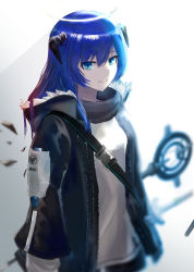 Rule 34 | 1girl, absurdres, arknights, black jacket, black scarf, black shorts, blue eyes, blue hair, blurry, blurry background, buckle, closed mouth, commentary request, cowboy shot, demon girl, demon horns, detached wings, energy wings, fallen angel, fur-trimmed hood, fur trim, halo, highres, hood, hood down, horns, jacket, jewelry, long hair, looking at viewer, mostima (arknights), necklace, open clothes, open jacket, partial commentary, scarf, shirt, short shorts, shorts, shoulder strap, smile, snap-fit buckle, solo, staff, uryu (uryu0329), white background, white shirt, wings