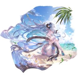 Rule 34 | 1girl, alpha transparency, ass, beach, bikini, blue hair, breasts, cloud, day, draph, falling leaves, flower, granblue fantasy, hair between eyes, hair ornament, high heels, horns, izmir, izmir (summer) (granblue fantasy), large breasts, leaf, long hair, looking at viewer, looking back, minaba hideo, ocean, official art, open mouth, outdoors, pointy ears, ponytail, red eyes, sand, sideboob, silver bikini, sitting, sky, smile, snowflake hair ornament, solo, swimsuit, transparent background, very long hair, white flower