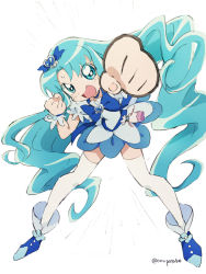 Rule 34 | &gt;:d, 10s, 1girl, :d, blue eyes, blue hair, blue skirt, bow, brooch, choker, clenched hand, clenched hands, cure marine, fist pump, hair ornament, heart, heart brooch, heartcatch precure!, jewelry, kurumi erika, long hair, looking at viewer, magical girl, matching hair/eyes, open mouth, pouch, precure, raised fist, ribbon, skirt, smile, solo, sweat, thighhighs, v-shaped eyebrows, victory pose, walrus-ruin, wavy hair, white background, white thighhighs, wrist cuffs