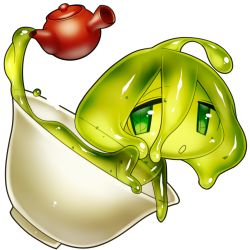 Rule 34 | 1girl, akira (meltyhip), colored sclera, colored skin, completely nude, cup, green eyes, green hair, green sclera, green skin, hair between eyes, in container, in cup, looking at viewer, medium hair, mini person, minigirl, monster girl, nude, original, parted lips, slime girl, solo, spilling, tareme, teapot, transparent background