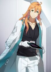 Rule 34 | 1boy, absurdres, antenna hair, black shirt, chaldea uniform, coat, coat on shoulders, collarbone, cowboy shot, fate/grand order, fate (series), gloves, green eyes, hair between eyes, hand in pocket, highres, holding, holding tablet pc, id card, indoors, lab coat, lanyard, long hair, looking at viewer, male focus, orange hair, pants, parted lips, romani archaman, shirt, solo, standing, tablet pc, tenoteno syumi, v-neck, white coat, white gloves, white pants, zipper