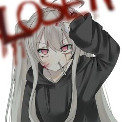 Rule 34 | 1girl, black sweater, blood, blood on face, blood on hands, bow, closed mouth, creepypasta, hair bow, looking up, original, pale skin, pink eyes, self-upload, short twintails, simple background, solo, sweater, twintails, white background, white hair