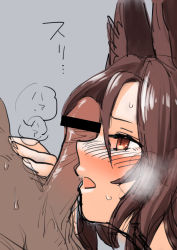 Rule 34 | 1boy, 1girl, animal ears, bar censor, blush, breath, brown eyes, brown hair, censored, commentary request, facejob, fuuzasa, grey background, hetero, highres, imaizumi kagerou, imminent fellatio, long hair, looking at penis, penis, penis on face, simple background, solo focus, sound effects, touhou, upper body, wolf ears