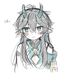 Rule 34 | 1boy, aqua eyes, aqua horns, arms at sides, black hair, blush, cleavage cutout, closed mouth, clothing cutout, collared shirt, cropped torso, crying, crying with eyes open, dan heng (honkai: star rail), dan heng (imbibitor lunae) (honkai: star rail), dot nose, hara (nanohara), hatching (texture), highres, honkai: star rail, honkai (series), horns, jacket, linear hatching, male focus, pointy ears, shirt, simple background, single bare shoulder, sketch, solo, tears, translation request, upper body, white background
