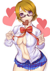 Rule 34 | 10s, 1girl, bad id, bad pixiv id, breasts, brown hair, candy, chocolate, chocolate heart, cleavage, food, glasses, happy new year, heart, koizumi hanayo, koucha maru, large breasts, looking at viewer, love live!, love live! school idol project, mouth hold, new year, open clothes, open shirt, purple eyes, school uniform, shirt, short hair, skirt, smile, solo, untying, valentine