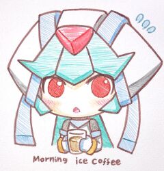 Rule 34 | 1girl, armor, blush, chibi, coffee, cup, forehead jewel, green hair, highres, holding, holding cup, long hair, looking at viewer, mega man (series), mega man zx, model w (mega man), pandora (mega man), power armor, red eyes, simple background, sketch, solo, takaramono, traditional media, upper body, white armor, white background