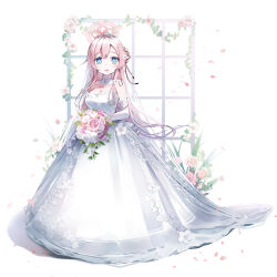 Rule 34 | 1girl, absurdres, asymmetrical bangs, blue archive, blue eyes, blush, bouquet, breasts, bride, chosunbe, commentary request, dress, dress flower, flower, full body, hair bun, hair flower, hair ornament, halo, highres, holding, holding bouquet, long hair, looking at viewer, medium breasts, mimori (blue archive), off-shoulder dress, off shoulder, petals, pink flower, pink hair, single side bun, smile, solo, tiara, wedding dress, white background, white flower