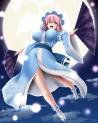 Rule 34 | 1girl, :d, backlighting, blue kimono, breasts, cloud, commentary, floating, folding fan, full body, full moon, hair between eyes, hand fan, hat, highres, japanese clothes, kimono, large breasts, long sleeves, looking at viewer, mob cap, moon, nori tamago, open mouth, outstretched arms, pink hair, red eyes, saigyouji yuyuko, sandals, sash, short hair, smile, solo, tabi, touhou, white legwear, wide sleeves
