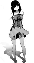 Rule 34 | 1girl, arms behind back, artist name, bad id, bad pixiv id, bare shoulders, blush, breasts, cash007, collarbone, flower, full body, garter straps, greyscale, head tilt, highres, large breasts, long hair, looking at viewer, miniskirt, monochrome, original, shadow, shirt, skirt, solo, standing, strapless, strapless shirt, thighhighs, wind