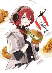 Rule 34 | 1girl, :t, arknights, black shirt, brown eyes, burger, chicken (food), cola, cup, detached wings, disposable cup, eating, exusiai (arknights), exusiai (city rider) (arknights), food, food on face, food request, fried chicken, gloves, halo, hashtag-only commentary, headphones, highres, holding, holding burger, holding food, hood, hooded jacket, ice, ice cube, jacket, kfc, looking at viewer, neckerchief, open clothes, open jacket, red hair, red neckerchief, shirt, short hair, short sleeves, simple background, smile, solo, sun showdmp, white background, white gloves, white jacket, wings