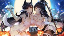 Rule 34 | 2girls, :q, ;(, adapted costume, animal ears, arm belt, armpits, asymmetrical docking, atago (azur lane), azur lane, bare shoulders, black hair, black legwear, blunt bangs, blurry, blush, breast press, breasts, buckle, budget sarashi, chain, cleavage, closed mouth, collar, collarbone, cowboy shot, depth of field, finger to mouth, full moon, garter straps, gold chain, hair ribbon, hand on own chest, hatoyama itsuru, heart, high ponytail, holding, holding sword, holding weapon, jack-o&#039;-lantern, large breasts, leaning forward, leotard, light particles, long hair, looking at viewer, mole, mole under mouth, moon, multiple girls, navel, pantyhose, pumpkin, ribbon, robot, sarashi, smile, strapless, strapless leotard, sword, tail, takao (azur lane), thighband pantyhose, thighhighs, tongue, tongue out, very long hair, weapon, white legwear, white leotard, white ribbon, wrist cuffs, yellow eyes, zipper