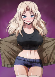 Rule 34 | 1girl, absurdres, black shirt, blonde hair, blue eyes, blue shorts, blush, breasts, brown jacket, collarbone, covered erect nipples, girls und panzer, groin, highres, jacket, kamishima kanon, kay (girls und panzer), large breasts, looking at viewer, midriff, navel, open clothes, open jacket, open mouth, purple background, shiny skin, shirt, short shorts, shorts, simple background, smile, solo, sweat, thighhighs, white thighhighs