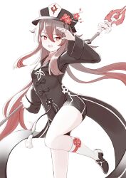 Rule 34 | 1girl, breasts, coat, coattails, flower, genshin impact, gradient hair, greyscale, hat, hat flower, highres, hu tao (genshin impact), kneehighs, long hair, long sleeves, looking at viewer, monochrome, multicolored hair, nosuku, plum blossoms, polearm, red eyes, shorts, small breasts, socks, spot color, staff of homa (genshin impact), symbol-shaped pupils, thighs, twintails, very long hair, weapon