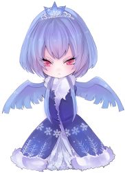 Rule 34 | 1girl, articuno, asame21, bad id, bad pixiv id, blue dress, blue hair, blue wings, blush, creatures (company), dress, feathered wings, frown, full body, game freak, gen 1 pokemon, legendary pokemon, nintendo, personification, pokemon, red eyes, solo, tiara, white background, wings, winter clothes