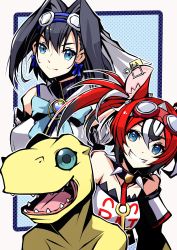 Rule 34 | 2girls, agumon, animal ears, bare shoulders, black hair, black outline, blue eyes, blue hair, border, bow, bow earrings, breasts, clenched teeth, collar, collarbone, commentary, crossover, dice, digimon, digimon (creature), dot nose, ear ornament, earrings, goggles, goggles on head, green eyes, hair between eyes, hair bow, hakos baelz, highres, hololive, hololive english, jewelry, large breasts, looking at viewer, mitosupa (qsiqydfz7nesh9w), mouse ears, mouse girl, mousetrap, multicolored hair, multiple girls, open mouth, ouro kronii, outline, red hair, sharp teeth, short sleeves, smile, spiked collar, spikes, split mouth, teeth, v-shaped eyebrows, virtual youtuber, white border, white hair