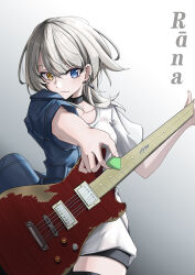 Rule 34 | 1girl, absurdres, bang dream!, bang dream! it&#039;s mygo!!!!!, blue eyes, blue jacket, character name, chinese commentary, closed mouth, commentary request, electric guitar, gradient background, grey background, grey hair, guitar, heterochromia, highres, holding, holding plectrum, instrument, jacket, kaname raana, looking at viewer, medium hair, playing guitar, plectrum, shirt, short sleeves, smile, solo, white background, white shirt, wolf cut, yellow eyes, yuko (user uuju2584)