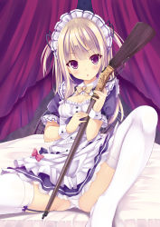 Rule 34 | 1girl, apron, bed, black dress, blonde hair, blush, breasts, canopy bed, chestnut mouth, cleavage, dress, garter straps, gun, highres, long hair, looking at viewer, maid, maid apron, maid headdress, musket, on bed, open mouth, original, panties, puffy short sleeves, puffy sleeves, purple eyes, rifle, ryo (botugo), short sleeves, sitting, small breasts, solo, spread legs, thighhighs, two side up, underwear, weapon, white panties, white thighhighs, wrist cuffs