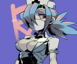 Rule 34 | 1girl, 2021, 770mk, artist name, black choker, blue hair, breasts, choker, cleavage, collared shirt, commentary, hat, looking to the side, nurse cap, one eye covered, ponytail, purple background, red eyes, shirt, short sleeves, skullgirls, solo, symbol-shaped pupils, upper body, valentine (skullgirls), white shirt