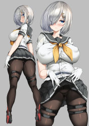 Rule 34 | 1girl, absurdres, ass, blue eyes, blush, breasts, clothes lift, covered erect nipples, from behind, gloves, grey hair, hair ornament, hair over one eye, hairclip, hamakaze (kancolle), high heels, highres, kantai collection, large breasts, looking at viewer, looking away, looking back, medium hair, neckerchief, panties, panties under pantyhose, pantyhose, pleated skirt, projected inset, sailor collar, school uniform, serafuku, short sleeves, simple background, skindentation, skirt, skirt lift, thigh strap, torisan, underwear, white gloves, yellow neckerchief