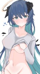 Rule 34 | 1girl, absurdres, aqua eyes, aqua hair, arknights, blue hair, blush, breasts, closed mouth, clothes lift, colored inner hair, grey shirt, halo, highres, lifting own clothes, long hair, looking at viewer, medium breasts, mostima (arknights), multicolored hair, navel, nui (nuinui0300), out-of-frame censoring, shirt, shirt lift, solo