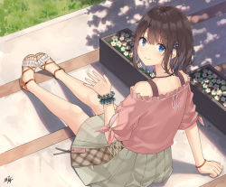 Rule 34 | 1girl, bare shoulders, black hair, blue eyes, blush, brown footwear, brown shirt, closed mouth, commentary request, day, flower, frilled shirt, frills, from behind, grey skirt, hair between eyes, hair ornament, hairclip, highres, looking at viewer, looking back, miko fly, off-shoulder shirt, off shoulder, original, outdoors, pleated skirt, puffy short sleeves, puffy sleeves, sandals, shirt, short sleeves, sitting, skirt, smile, solo, white flower, wrist cuffs
