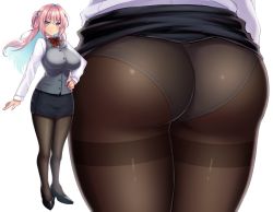 Rule 34 | 1girl, ass, black footwear, black skirt, breasts, brown pantyhose, hand on own hip, large breasts, lifting own clothes, long hair, long sleeves, multiple views, nyorori (tatsutaage), office lady, original, panties, panties under pantyhose, pantyhose, pink hair, skirt, smile, thighband pantyhose, underwear, white background