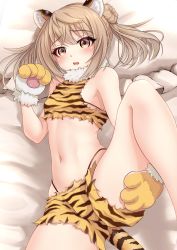 Rule 34 | 1girl, absurdres, alternate costume, animal ears, animal hands, animal print, bare shoulders, bed sheet, bikini, blush, cat ears, cat tail, chinese zodiac, commentary request, fake animal ears, fake tail, gloves, hair bun, highres, holding leg, kantai collection, light brown hair, looking at viewer, lying, makura (y makura), michishio (kancolle), midriff, navel, on back, on bed, open mouth, paw gloves, short shorts, short twintails, shorts, solo, spread legs, swimsuit, tail, tiger ears, tiger print, tiger tail, twintails, year of the tiger, yellow eyes