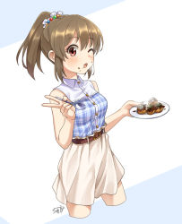 Rule 34 | 1girl, bare shoulders, belt, blush, breath, brown hair, collared shirt, commentary request, cowboy shot, cropped legs, eating, food, food on face, hair bobbles, hair ornament, high-waist skirt, high ponytail, holding, holding plate, hori yuko, idolmaster, idolmaster cinderella girls, long hair, looking at viewer, one eye closed, plaid, plate, ponytail, red eyes, shirt, signature, skirt, sleeveless, sleeveless shirt, solo, spork, takoyaki, two-tone background, tyuga, v