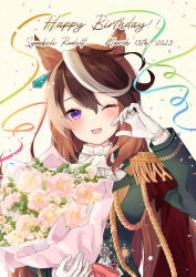 Rule 34 | 1girl, ;d, black hair, blush, bouquet, brown hair, character name, commentary request, dated, epaulettes, flower, gloves, green jacket, hair between eyes, hand up, happy birthday, highres, holding, holding bouquet, jacket, looking at viewer, multicolored hair, one eye closed, open mouth, purin jiisan, purple eyes, shirt, single epaulette, smile, solo, symboli rudolf (umamusume), two-tone hair, umamusume, white flower, white gloves, white hair, white shirt