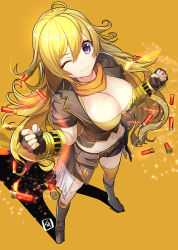 Rule 34 | &gt;;), 1girl, ahoge, arm guards, armor, belt, belt buckle, black footwear, black gloves, black jacket, black shorts, blonde hair, boots, breasts, buckle, cleavage, clenched hands, covered erect nipples, fingerless gloves, full body, gloves, hair between eyes, jacket, knee boots, large breasts, light particles, long hair, looking at viewer, looking away, looking up, loose thighhigh, md5 mismatch, one eye closed, open clothes, open jacket, purple eyes, resolution mismatch, rwby, scarf, shadow, shorts, signature, simple background, solo, source larger, standing, tareme, thighhighs, v-shaped eyebrows, very long hair, wink, yamacchi, yang xiao long, yellow background, yellow scarf, yellow thighhighs