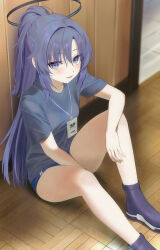 Rule 34 | 1girl, absurdres, blue archive, blue buruma, blue eyes, blue footwear, blue hair, blue shirt, blurry, blush, breasts, buruma, commentary request, depth of field, foot out of frame, gym uniform, halo, highres, id card, knees up, long hair, looking at viewer, mechanical halo, medium breasts, mr-shin, official alternate costume, open mouth, ponytail, shirt, short sleeves, sitting, smile, solo, thighs, yuuka (blue archive), yuuka (track) (blue archive)