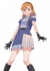 &gt;:( 1girl aitheryo black_footwear black_hairband blue_dress blush boots breasts closed_mouth commentary_request dazzling_game dress feet_out_of_frame frown hairband highres knee_boots long_hair looking_at_viewer love_live! love_live!_superstar!! medium_breasts official_alternate_costume open_hands orange_hair puffy_short_sleeves puffy_sleeves purple_eyes shibuya_kanon short_dress short_sleeves simple_background solo split_mouth v-shaped_eyebrows white_background