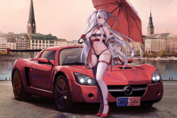 Rule 34 | 1girl, absurdres, alternate costume, asymmetrical gloves, asymmetrical legwear, azur lane, car, character name, copyright name, detached collar, elbing (azur lane), fingerless gloves, full body, germany, gloves, grey hair, hamburg, hamburg city hall, heterochromia, high heels, highres, holding, holding umbrella, jacket, kcar66t, license plate, location request, long hair, mismatched gloves, mismatched legwear, motor vehicle, navel, necktie, off shoulder, opel (company), opel speedster, open clothes, open jacket, product placement, race queen, real world location, revealing clothes, short necktie, sports car, standing, thigh strap, two side up, umbrella, vehicle focus