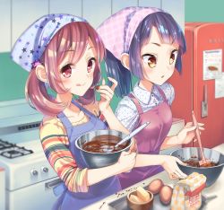 Rule 34 | 2girls, apron, black hair, blue apron, blunt bangs, bouzu (bonze), bowl, brown eyes, brown hair, butter, chocolate, chocolate making, commentary request, egg, food, hair ornament, head scarf, looking at viewer, mixing bowl, multiple girls, original, oven, pink apron, plaid, polka dot, polka dot shirt, ponytail, refrigerator, shirt, sleeves rolled up, spatula, star (symbol), star hair ornament, star print, stove, striped clothes, striped shirt, tongue, tongue out, twintails, white shirt, yellow eyes, yellow shirt