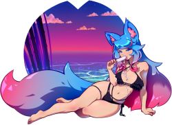 Rule 34 | 1girl, animal ears, barefoot, bikini, blue eyes, blue hair, breasts, deliciousorange, eating, food, gradient hair, multicolored hair, pink hair, popsicle, silvervale, solo, swimsuit, tail, tongue, two-tone hair, virtual youtuber, vshojo, water, wolf ears, wolf girl, wolf tail