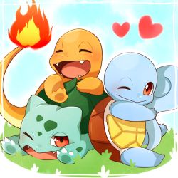 Rule 34 | blush, bulbasaur, charmander, closed mouth, commentary request, creatures (company), closed eyes, fangs, fire, fire, flame-tipped tail, game freak, gen 1 pokemon, grass, heart, highres, lying, ni hoshi, nintendo, on stomach, one eye closed, open mouth, pokemon, pokemon (creature), red eyes, sitting, smile, squirtle, starter pokemon trio, tongue