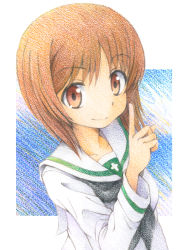Rule 34 | 1girl, blouse, brown eyes, brown hair, closed mouth, commentary request, coupy pencil (medium), girls und panzer, gofu, index finger raised, long sleeves, looking at viewer, nishizumi miho, ooarai school uniform, sailor collar, school uniform, shirt, short hair, smile, solo, traditional media, white sailor collar, white shirt