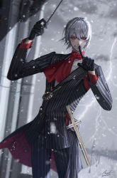 Rule 34 | 1boy, antonio salieri (fate), antonio salieri (second ascension) (fate), ascot, baton, conductor baton, black gloves, bright pupils, cowboy shot, email2140, fate/grand order, fate (series), finger to mouth, formal, gloves, grey hair, grin, hair between eyes, hair intakes, highres, jewelry, lightning, looking at viewer, male focus, necklace, pinstripe pattern, red ascot, red eyes, sharp teeth, signature, smile, snow, solo, striped, striped suit, suit, teeth, twitter username