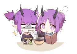 Rule 34 | 2girls, :o, arknights, bad food, bad id, bad pixiv id, black jacket, black shirt, blue shirt, blush stickers, book, bowl, chibi, collared shirt, feeding, hair bun, hibiscus (arknights), holding, holding book, holding spoon, horns, jacket, lava (arknights), layered sleeves, long sleeves, multiple girls, open book, open mouth, parted bangs, pointy ears, purple eyes, purple hair, shirt, short over long sleeves, short sleeves, siblings, simple background, single hair bun, sisters, spikes, spoon, sweat, toufu mentaru zabuton, turn pale, twintails, white background